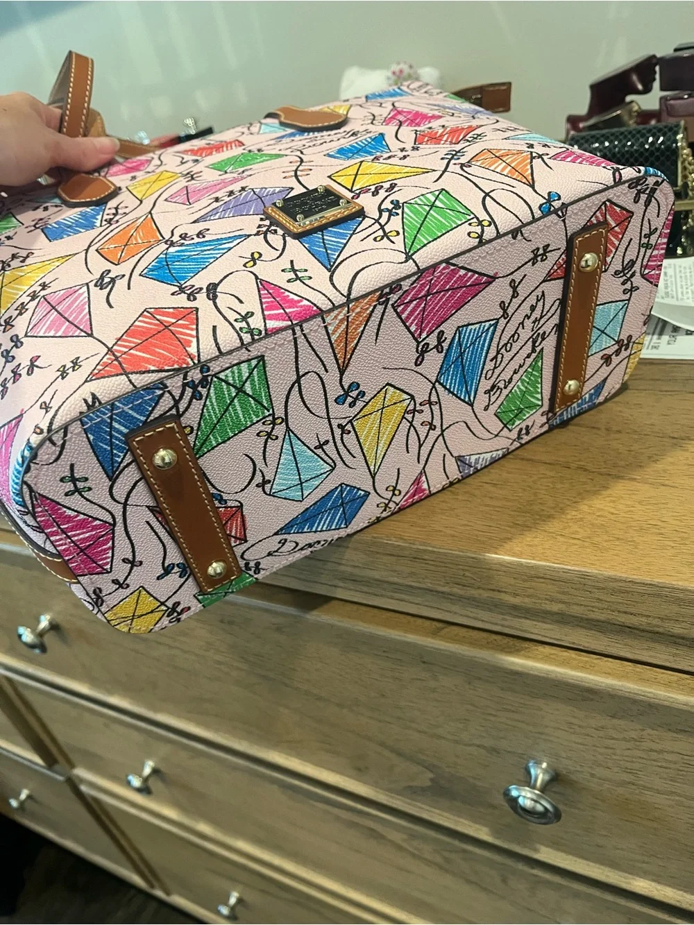 Dooney & Bourke Pink Multicolor Kite Print Tote with Tan Straps